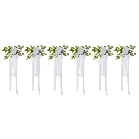 Chair Back Flower6Pcs Wedding Aisle Rose Flowers With Ribbons & Leaves Chair Decorations For Wedding & Church White