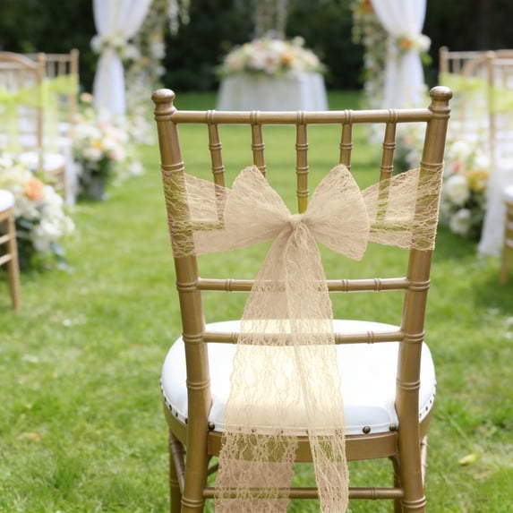 Chair Back Lace Jacquard Sash 7x108 in – Pearl Chiffon, Wedding Hotel Decoration, Easy Drape, Reusable
