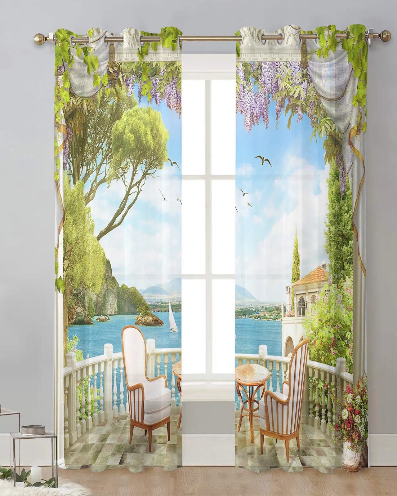 Chair Balcony Castle Sailing Scenery Voile Hanging Curtain Living Room