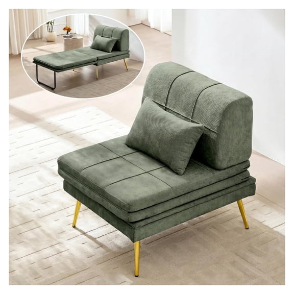 Chair Bed, 3-in-1 Futon Sofa Bed with Pillow - Solid Wood Frame, Convertible Sofa Sleeper for Living Room Bedroom - Vintage Green