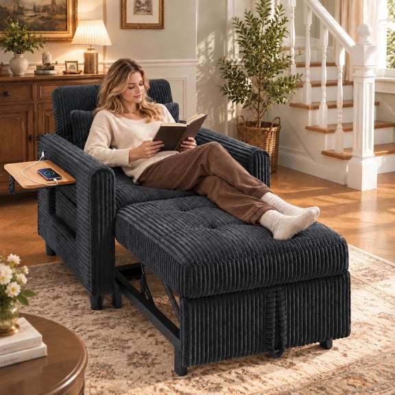 Chair Bed, Lofka Convertible Sofa Bed with Corduroy Fabric, Foldable Side Table & Built-in USB Charging Port, Adjustable Backrest, Black