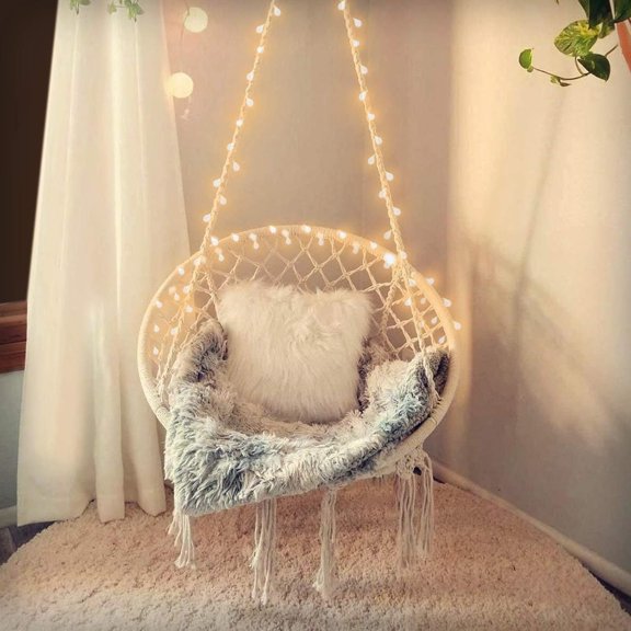 Chair for Bedroom Hammock Chair Swing with Lights and Hardware Kits Holds up to 550Lbs Macrame Swing Chair   Rope for Patio, Deck, Garden - Cushion Not Included