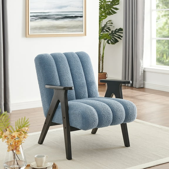 Chair - Blue, Soft Padding, Solid Wood Modern Accent In With Back