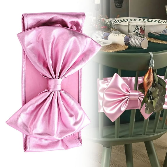 Chair Bows,1PCS Christmas Satin Elastic Chair Sashes Bows,Christmas Chair Bows Covers Back Sash for Wedding Reception Events Hotel Chair Covers for Dining Chairs Xmas Party(Pink)