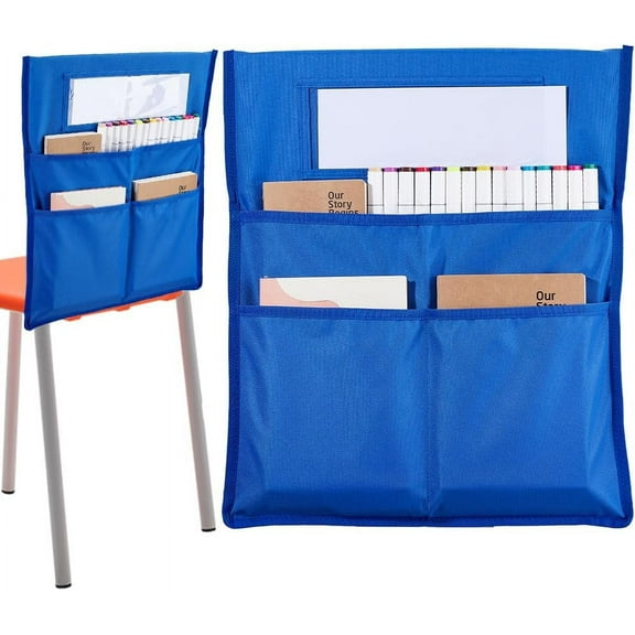 Chair Buddy Storage Pocket 19x16.5inch Chair Back Organizer Chart Blue with Name Tag Label Slot Students Seat Chairback Multiple Pockets for School Home Classroom Preschool Daycare Supplies