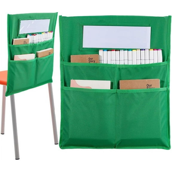 Chair Buddy Storage Pocket 19x16.5inch Chair Back Organizer Chart Green with Name Tag Label Slot Students Seat Chairback Multiple Pockets for School Home Classroom Preschool Daycare Supplies