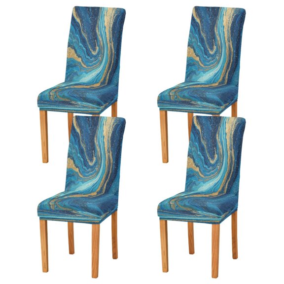 Chair Cover 4 Pack Removable Dining Chair Protectors Washable Chair Slipcovers Seat for Home Wedding Decor Blue and Gold Ocean