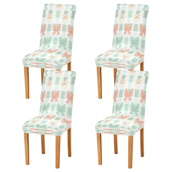 Chair Cover 4 Pack Removable Dining Chair Protectors Washable Chair Slipcovers Seat for Home Wedding Decor Green and Peach Bow Pattern