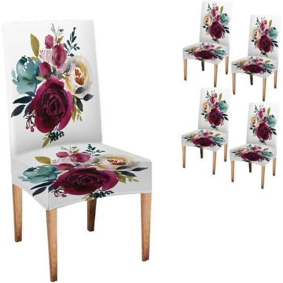 Chair Cover 4 Pack Water Floral Bouquet Burgundy Red Navy Blue Roses Peonies Leaves Kitchen Chair Slipcovers Classy Decor for Home and Banquet