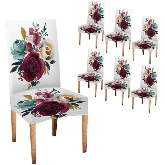 Chair Cover Chair Covers for Dining Room 6 Pack Water Floral Bouquet Burgundy Red Navy Blue Roses Peonies Leaves