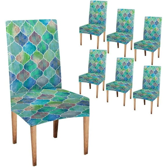 Chair Cover Set of 6 Moroccan Watercolor Green Teal Geometrical Pattern Slipcover Chairs Covers Elastic Chair Cover for Kitchen Living Room Restaurant