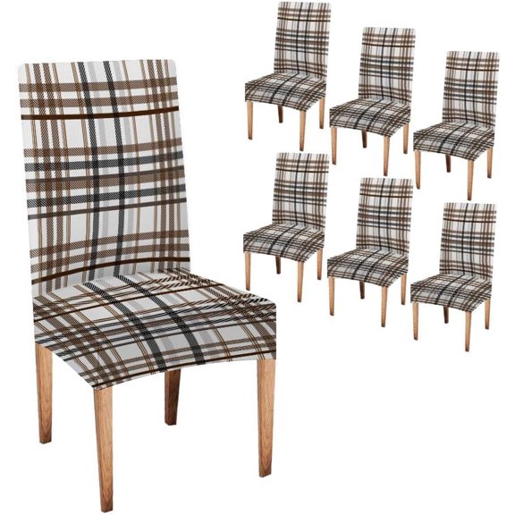 Chair Covers Coffee Color Checkered Washable Chair Cover Set of 6 Elastic Chair Cover for Kitchen Home or Party