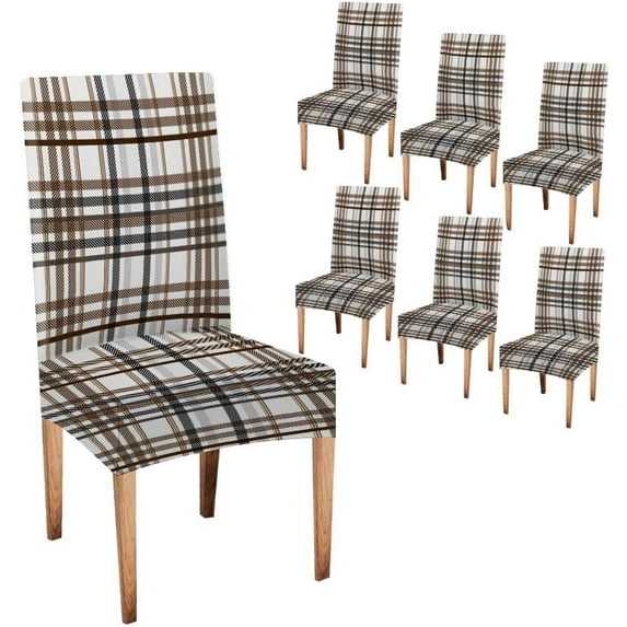 Chair Covers Coffee Color Checkered Washable Chair Cover Set of 6 Elastic Chair Cover for Kitchen Home or Party