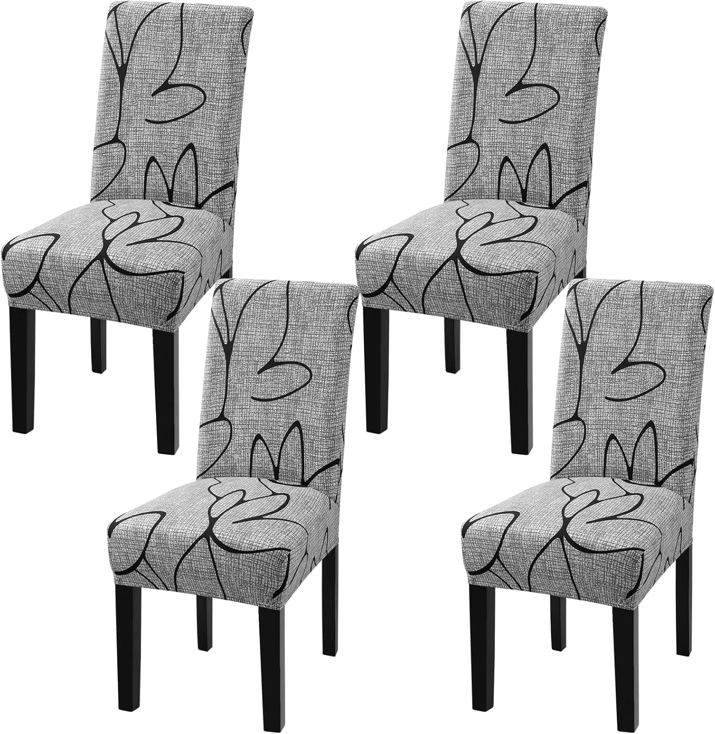 Gray Lotus Pattern Stretch Dining Chair Covers, Set of 4