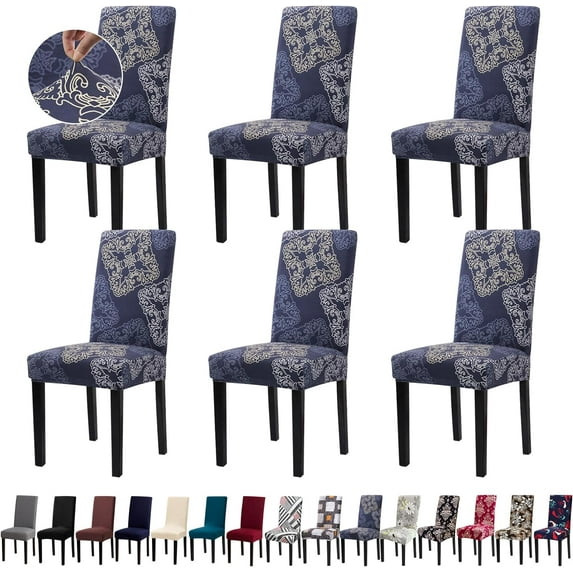 Chair Covers - Dining Room Chair Covers Set of 6, High-Stretch Polyester and Spandex, Protect Chairs, Removable Washable, Blue Flower, Furniture Cover for Home, Hotel, Banquet