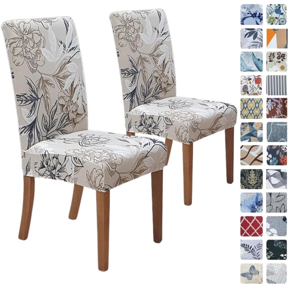 Chair Covers for Dining Room Set of 2, Stretch Dining Chair Cover, Washable Spandex Kitchen Parsons Chair Slipcovers, Removable Seat Protector for Home or Party (2 Pack, Floral Beige)