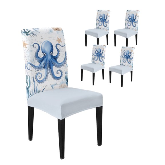 Chair Covers for Dining Room Set of 4,Blue Octopus Ocean Starfish Stretch Seat Protector Washable Removable Chairs Slipcovers for Kitchen Banquet Wedding Hotel Sea Monster Ocean Seaweed