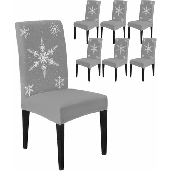 Chair Covers for Dining Room Set of 4,Christmas White Snowflakes Stretch Seat Protector Removable Washable Chairs Slipcovers for Kitchen Banquet Wedding Hotel,Winter Snow Seamless on Gray
