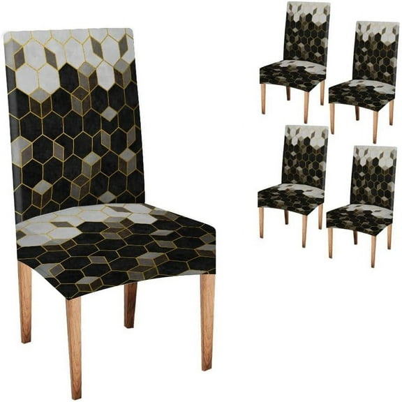 Chair Covers for Dining Room Set of 4,Hexagon Gold Cubic Spandex Stretch Dining Room Chair Cover,Removable Washable Kitchen Parsons Chair Covers Seat Slipcovers