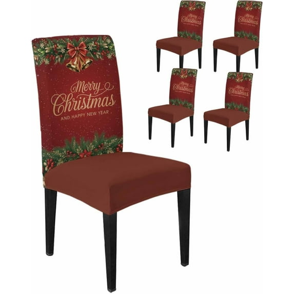 Chair Covers for Dining Room Set of 4,Merry Christmas Santa Bells Berry Stretch Seat Protector Removable Washable Chairs Slipcovers for Kitchen Banquet Wedding Hotel,Xmas Tree Branches on Red
