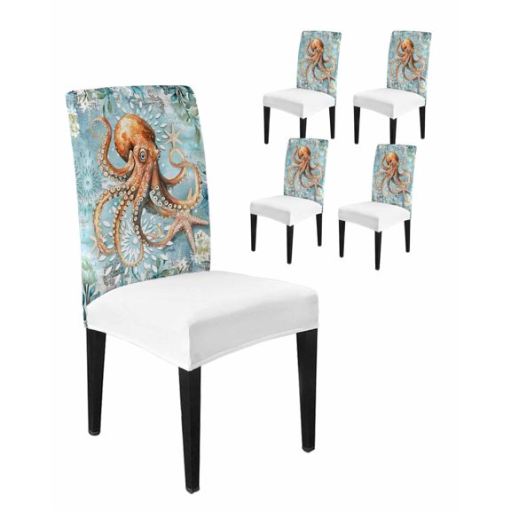 Chair Covers for Dining Room Set of 4,Ocean Octopus Monster Starfish Stretch Seat Protector Washable Removable Chairs Slipcovers for Kitchen Banquet Wedding Hotel Blue Underwater World Seaweed