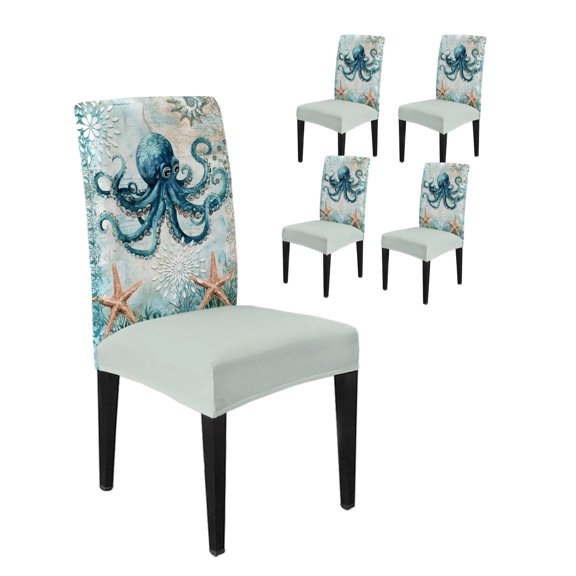 Chair Covers for Dining Room Set of 4,Ocean Octopus Starfish Monster Stretch Seat Protector Washable Removable Chairs Slipcovers for Kitchen Banquet Wedding Hotel Sea Coral Vintage Map