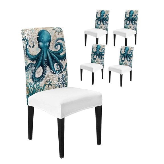 Chair Covers for Dining Room Set of 4,Octopus Ocean Coral Sea Monster Stretch Seat Protector Washable Removable Chairs Slipcovers for Kitchen Banquet Wedding Hotel Underwater World Vintage Letter