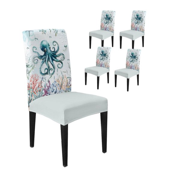 Chair Covers for Dining Room Set of 4,Octopus Sea Monster Coral Seaweed Stretch Seat Protector Washable Removable Chairs Slipcovers for Kitchen Banquet Wedding Hotel Blue Ocean World