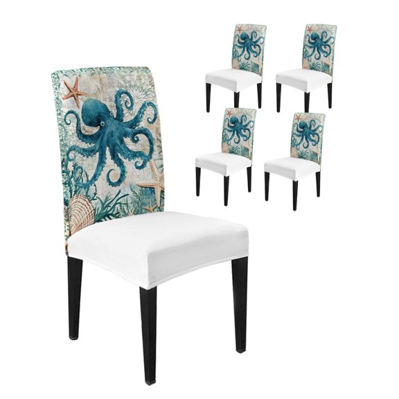 Chair Covers for Dining Room Set of 4,Octopus Starfish Shell Sea Monster Stretch Seat Protector Washable Removable Chairs Slipcovers for Kitchen Banquet Wedding Hotel Nautical Map