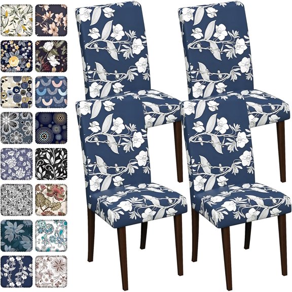 Chair Covers Dining Room Set of 4,Printed Patterned Stretch Non Slip Chair Slipcover Removable Washable Kitchen Chair Protector Cover for Home Hotel Banquet Party Office (Dark Navy White Orchid Leaf)