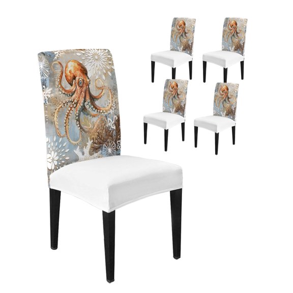 Chair Covers for Dining Room Set of 4,Retro Brown Ocean Octopus Stretch Seat Protector Washable Removable Chairs Slipcovers for Kitchen Banquet Wedding Hotel Monster Marine Life
