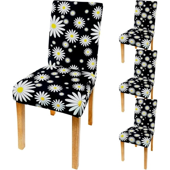 Chair Covers for Dining Room Set of 4, Stretchy Parson Chair Slipcovers,Black Daisy Flowers Spandex Banquet Chair Seat Pet Protector Slipcovers for Holiday Home Party, Hotel, Wedding Ceremony