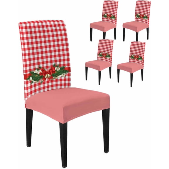 Chair Covers for Dining Room Set of 6,Christmas Bell Buffalo Check Plaid Stretch Seat Protector Removable Washable Chairs Slipcovers for Kitchen Banquet Wedding Hotel,Pink and White