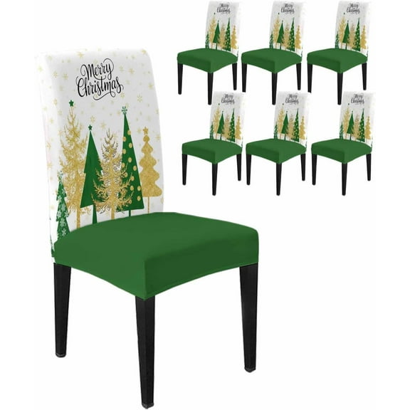 Chair Covers for Dining Room Set of 6,Christmas Green Xmas Tree Stretch Seat Protector Removable Washable Chairs Slipcovers for Kitchen Banquet Wedding Hotel,Golden Winter Snowflakes on White