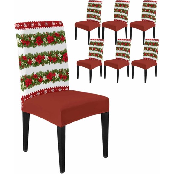 Chair Covers for Dining Room Set of 6,Christmas Poinsettia Flower Stretch Seat Protector Removable Washable Chairs Slipcovers for Kitchen Banquet Wedding Hotel,Winter Snowflake Botanical