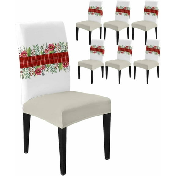 Chair Covers for Dining Room Set of 6,Christmas Red Poinsettia Floral Berry Plaid Stretch Seat Protector Removable Washable Chairs Slipcovers for Kitchen Banquet Wedding Hotel,Green Leaf on White
