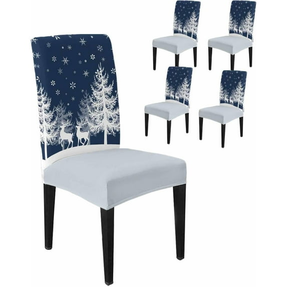 Chair Covers for Dining Room Set of 6,Christmas Reindeer Tree Silhouette Stretch Seat Protector Removable Washable Chairs Slipcovers for Kitchen Banquet Wedding Hotel,White Snowflake on Black