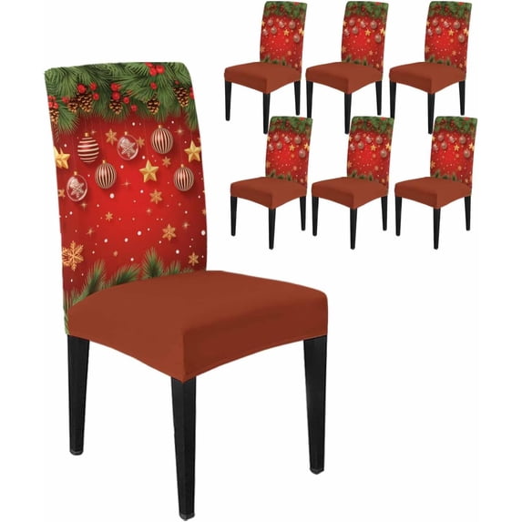 Chair Covers for Dining Room Set of 6,Christmas Trees Xmas Balls Snowflakes on Red Stretch Seat Protector Removable Washable Chairs Slipcovers for Kitchen Banquet Wedding Hotel,Winter Pine Leaf