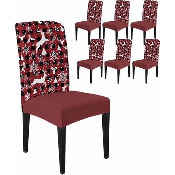 Chair Covers for Dining Room Set of 6,Christmas Winter Snowflakes Reindeer Stretch Seat Protector Removable Washable Chairs Slipcovers for Kitchen Banquet Wedding Hotel,Red Black Buffalo Plaid