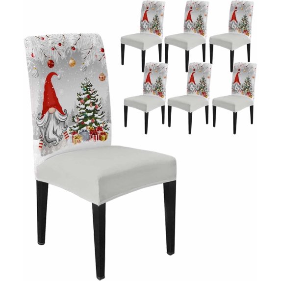 Chair Covers for Dining Room Set of 6,Gnome Pine Tree Xmas Ball on Gray Stretch Seat Protector Removable Washable Chairs Slipcovers for Kitchen Banquet Wedding Hotel,Winter Fir Leaves Snowflake