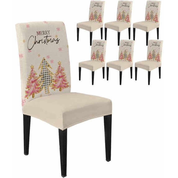 Chair Covers for Dining Room Set of 6,Merry Christmas Tree on Retro Linen Stretch Seat Protector Removable Washable Chairs Slipcovers for Kitchen Banquet Wedding Hotel,Beige Pink