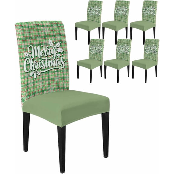 Chair Covers for Dining Room Set of 6,Merry Christmas Words Stretch Seat Protector Removable Washable Chairs Slipcovers for Kitchen Banquet Wedding Hotel,Snowflakes on Green Red Plaid