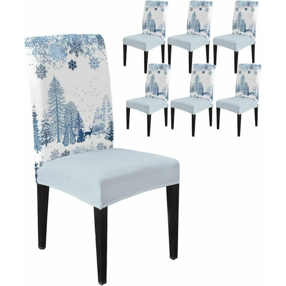 Chair Covers for Dining Room Set of 6,Winter Season Snowy Forest Stretch Seat Protector Removable Washable Chairs Slipcovers for Kitchen Banquet Wedding Hotel,Christmas Tree Elk Snowflakes