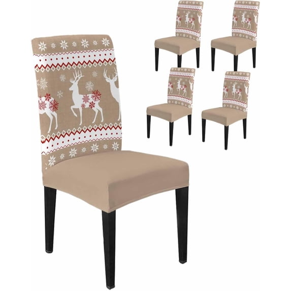 Chair Covers for Dining Room Set of 6,Xmas Reindeer Winter Snow Stretch Seat Protector Removable Washable Chairs Slipcovers for Kitchen Banquet Wedding Hotel,Snowflake Retro Geometric on Red