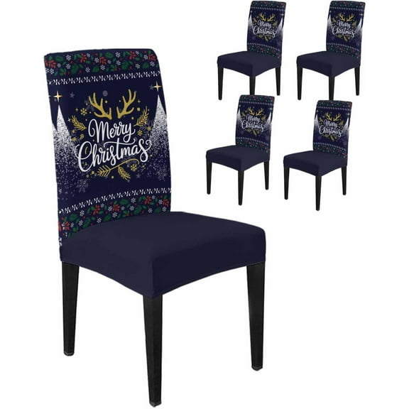 Chair Covers for Dining Room Set of 8,Blue Merry Christmas Elk Snow Stretch Seat Protector Removable Washable Chairs Slipcovers for Kitchen Banquet Wedding Hotel,Winter Plants Shiny Stars