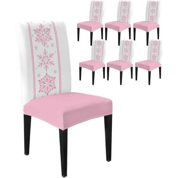 Chair Covers for Dining Room Set of 8,Christmas Pink Watercolor Snowflake Stretch Seat Protector Removable Washable Chairs Slipcovers for Kitchen Banquet Wedding Hotel,Snow Texture on White