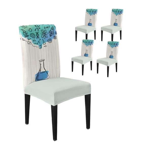 Chair Covers Set of 4, Chemical Formula Beaker on Wood Grain Removable Stretchable Parsons Chair Slipcovers Protector for Kitchen Dining Room, School Season