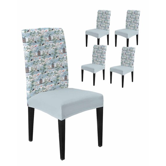 Chair Covers Set of 4, Chinese Style Tower Leaf Crane Removable Stretchable Parsons Chair Slipcovers Protector for Kitchen Dining Room, Chinoiserie Blue Gradient