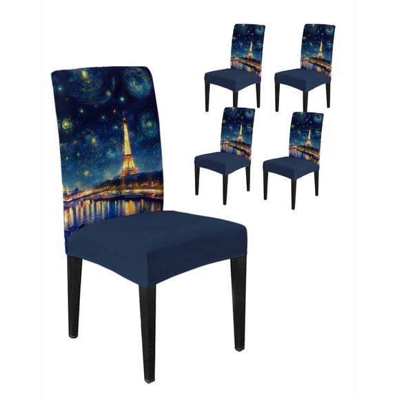 Chair Covers Set of 4, Eiffel Tower River Starry Sky Removable Stretchable Parsons Chair Slipcovers Protector for Kitchen Dining Room, Romantic City Lights