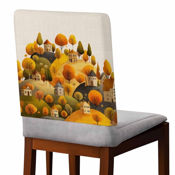 Chair Covers Set of 4 Fall Hill House Tree Vintage Linen Texture Cartoon Fall Chair Back Covers Stretch Removable Washable Slipcovers Seat Protector for Dining Room Kitchen Party Decor